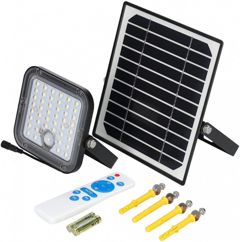 LED solar PROZEKTOR+ANDUR+PULT 10 W 1500LM 144×153 mm neutraalvalge, must IP65 A++