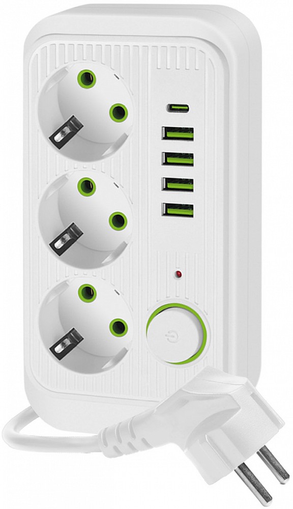 Kontori pikendusjuhe 3 PESA+4 USB-A+1 USB-C 5M valge 3×1.5MM2 lülitiga