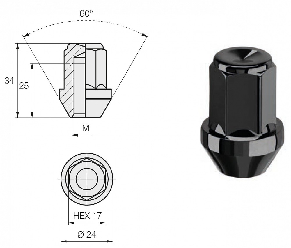 N151B mutter M12×1.50/34/17 (kinnine, P34, CH17) ISO 8, must (special black)