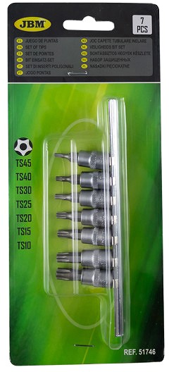 7-osaline 1/4" avaga 5-TORX padrunotsikute komplekt T10-T45, siinil