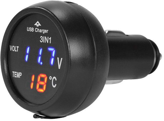 Voltmeeter + termomeeter + USB laadija 2.1 A 12/24V