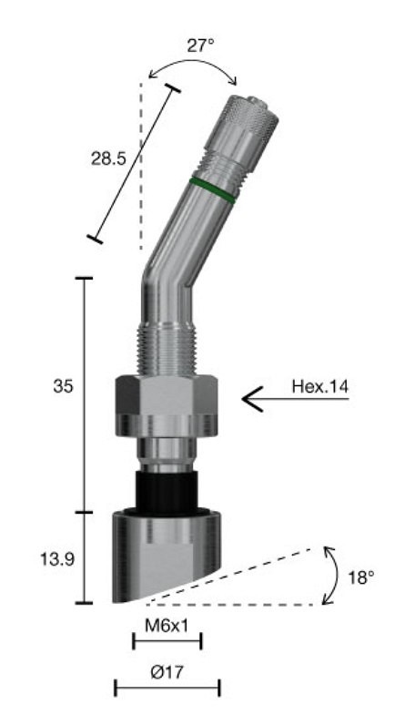 TPMS ventiil WONDER 1310.2/27 veoauto valuveljele 9.7 mm, L=77 mm (13.9+35+28.5/NURK 27) tald 18