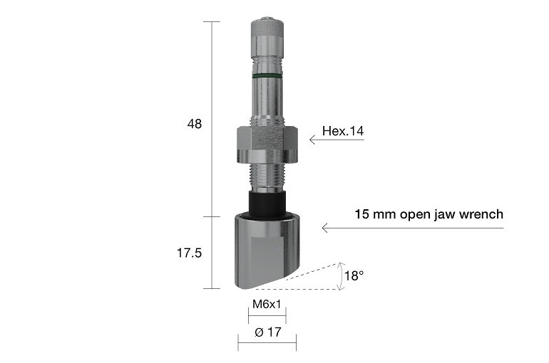 TPMS ventiil WONDER 1312 veoauto valuveljele 9.7 mm, L=65 mm, nurk 18