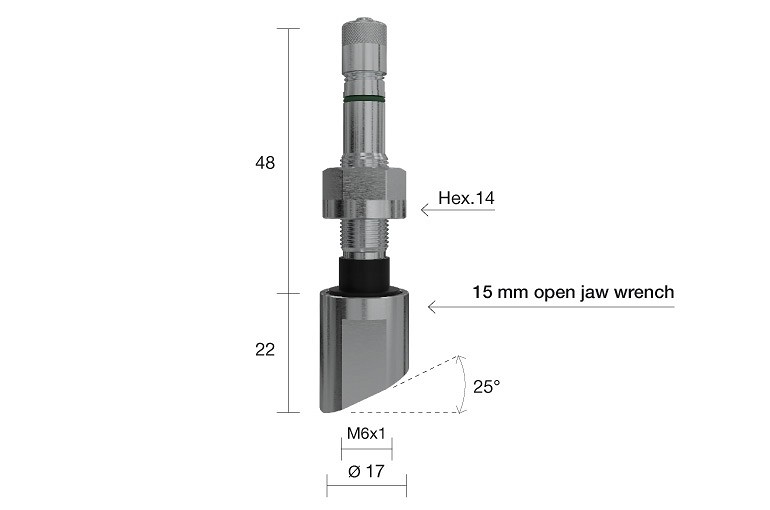 TPMS ventiil WONDER 1314 veoauto valuveljele 9.7 mm, L=70 mm, nurk 25