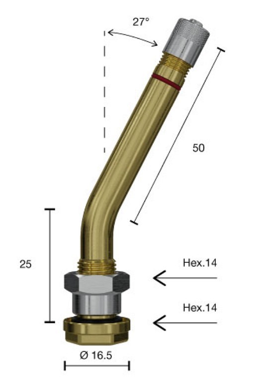 TPMS-VENTIIL veoauto, V3-24-25 (V3-20-7) AVA=9.7 mm, nurk 27, L