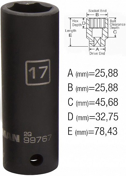 1/2" pikk löökpadrun 17 mm, steelman PRO/JS99767 26×78 mm