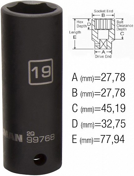 1/2" pikk löökpadrun 19 mm, steelman PRO/JS 28×78 mm