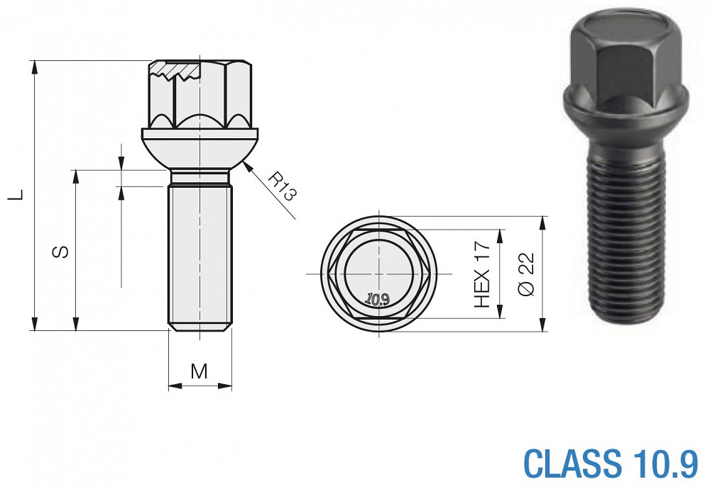 B1133B polt PK14×1.50/47/17 (PK/R13, P68, CH17), ISO 10.9, ZN-NI, must