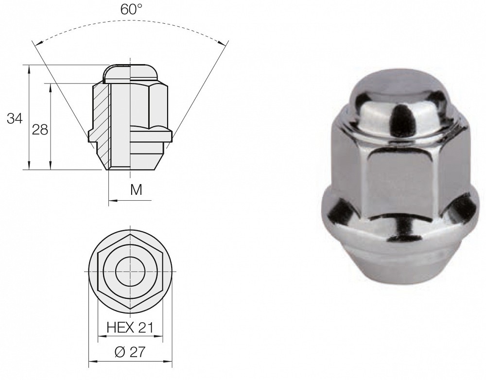 Mutter M12×1.50/35/21 (kinnine, P35, CH21) CL8 KIA/HYU OE, kroomitud, plekkveljele