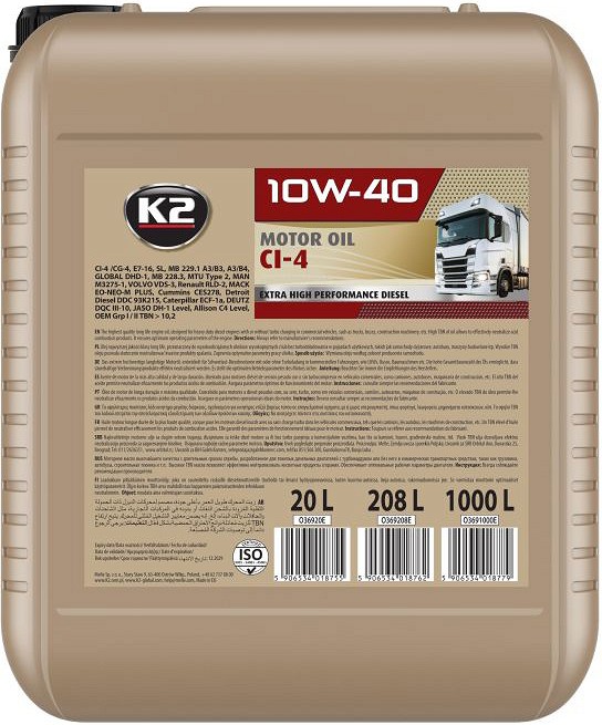 K2 10W40 API CI-4 acea E7, VDS-3, RLD-2, MB 228.3, MB 229.1 20 l
