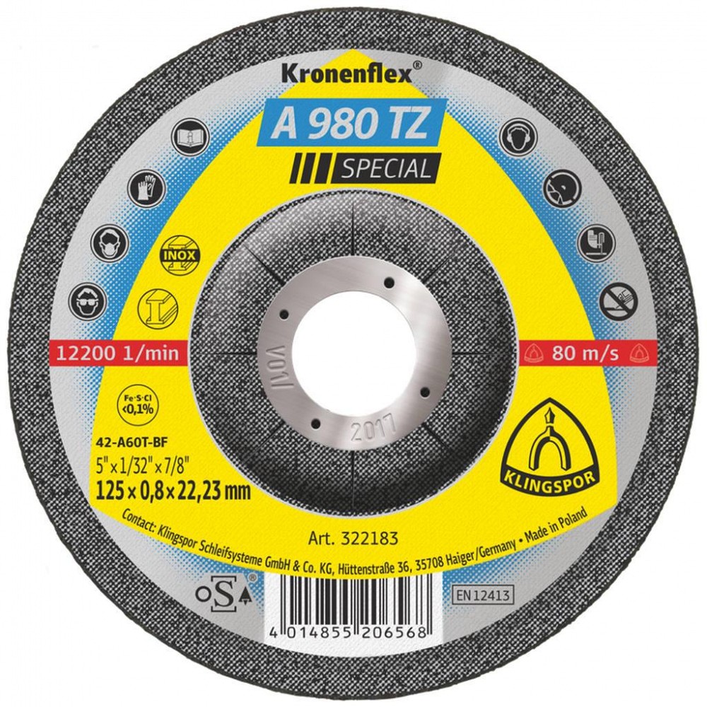 Lõikeketas 125×0.8×22.23 mm nõgus "kronenflex" A980TZ, RST/METALL