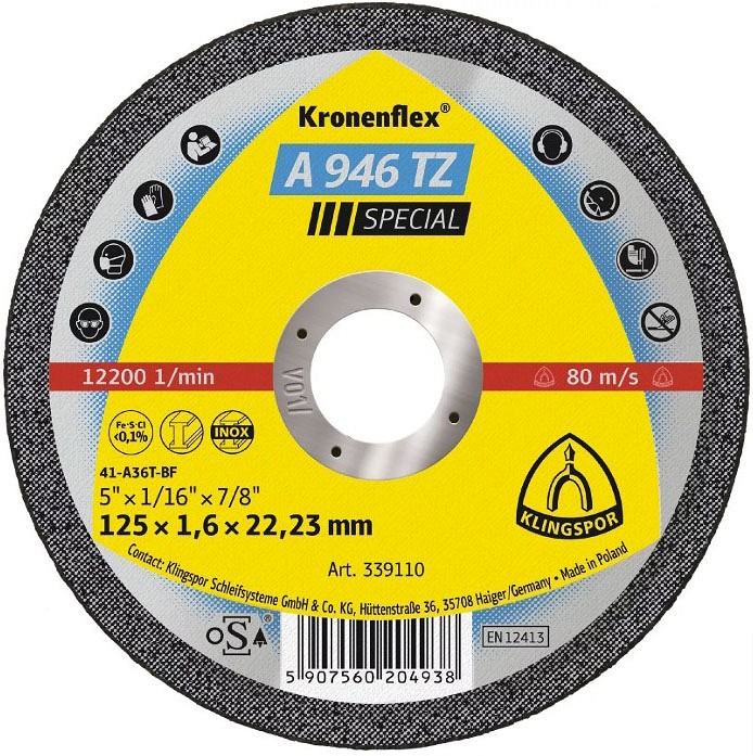 Lõikeketas 125×1.6×22.23 mm "kronenflex" A946TZ, RST/METALL