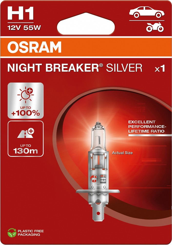 12 V H1 pirn 55 W P14.5S night breaker silver +100% blister 1 tk