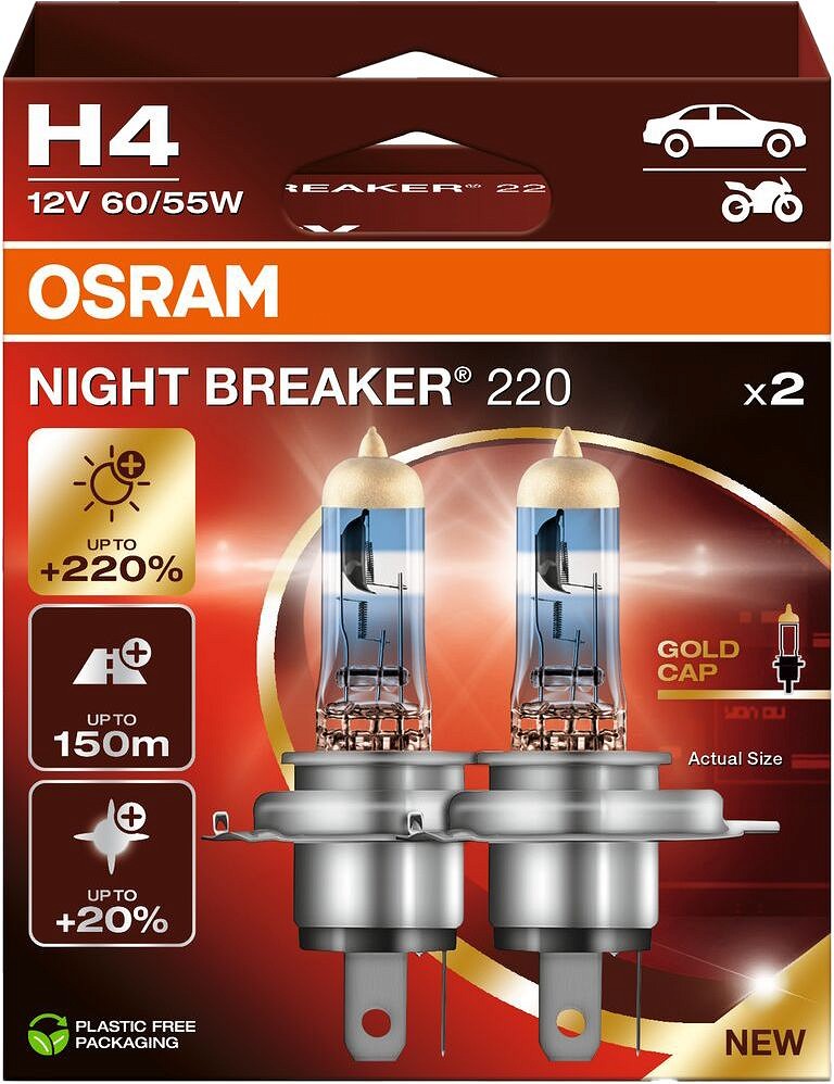 12 V H4 pirn 60/55W P43T night breaker +220% 2HB 2 tk