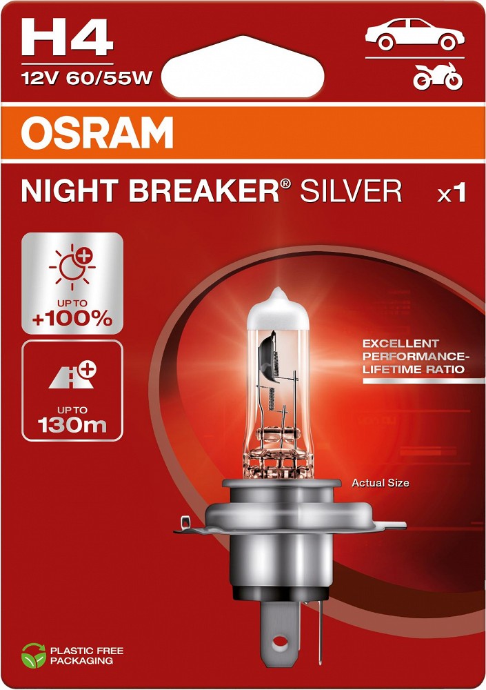 12 V H4 pirn 60/55W P43T night breaker silver +100% blister 1 tk