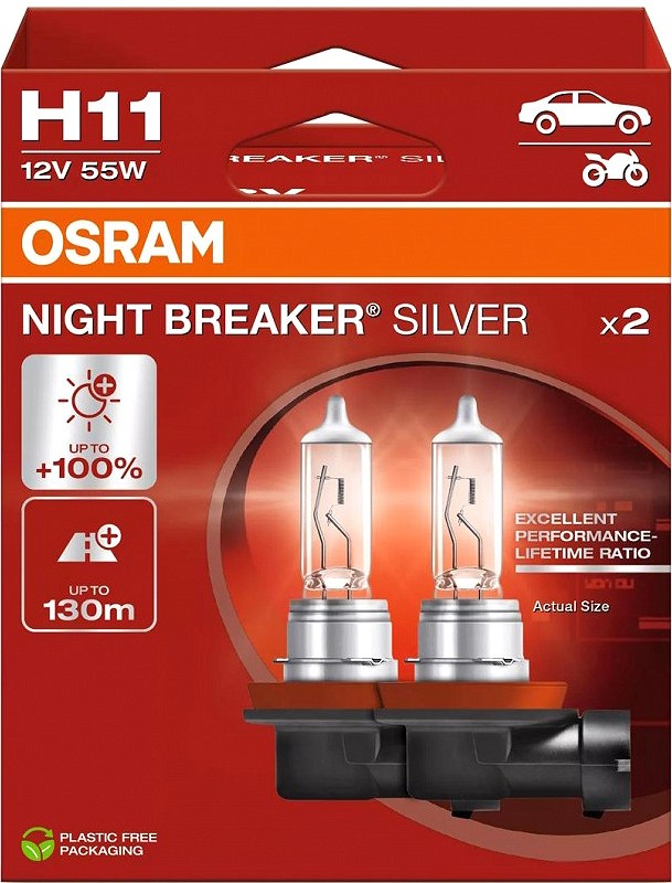 12 V H11 pirn 55 W PGJ19-2 night breaker silver +100% 2 tk