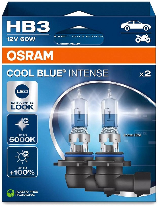 12 V HB3 pirn 60 W 9005 +100% 5000K cool blue intense 2 tk