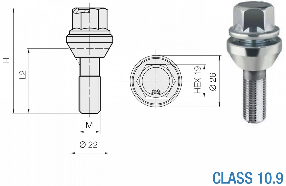B636 detsentripolt DP12×1.25/40/19 (detsentri, P62, CH19), ISO 10.9, ZN