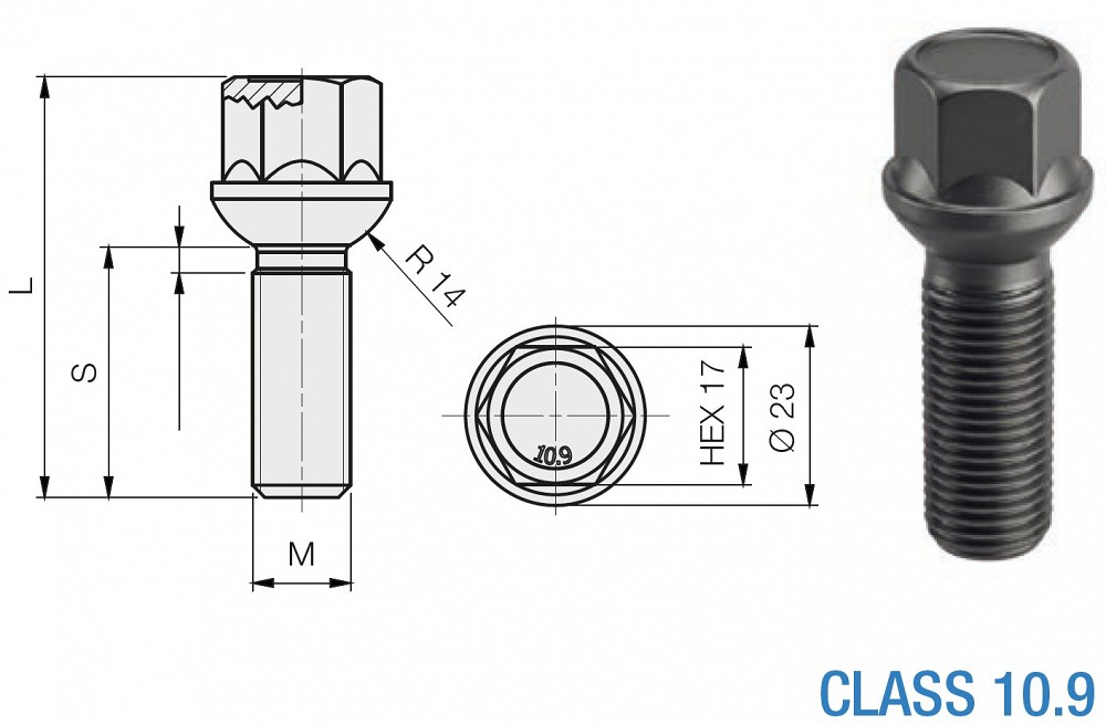 B587B polt PK14×1.50/40/17 (PK/R14, P59, CH17) ISO 10.9, ZN-NI, must
